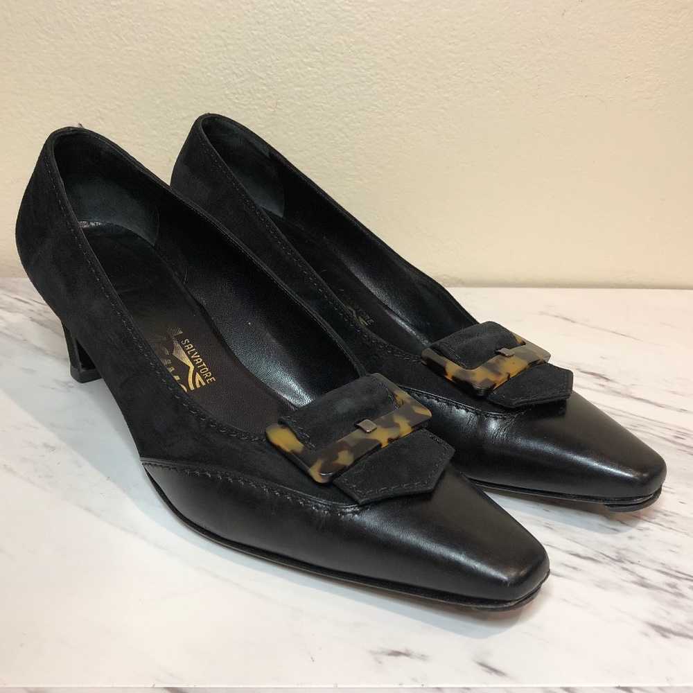Salvatore Ferragamo Suede Square Toe Black Pumps